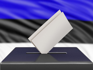 Ballot box with Estonian flag on background 