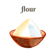 White flour on the brown bowl. Watercolor hand drawn illustration isolated on white background.
