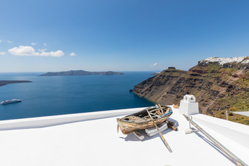 Fototapeta premium Santorini, Greece. Famous view of traditional white architecture Santorini landscape with blue sky. Summer vacations background. Luxury travel tourism concept. Amazing summer destination