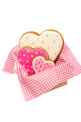 Set of pink heart shaped cookies with patterns, handmade
