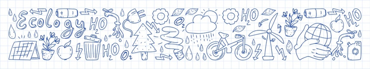 Set of hand drawn eco friendly doodle icons. Unique vector elements. icons in doodle style. Painted, drawn with a pen, on a sheet of checkered paper on a white background.