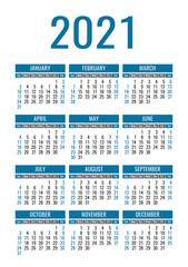 Calendar 2021 year. Vector pocket or wall calender template. Simple design. Week starts on Sunday
