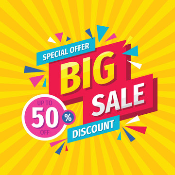Big sale concept banner template design. Discount up to 50% off abstract promotion layout poster. Vector illustration. 
