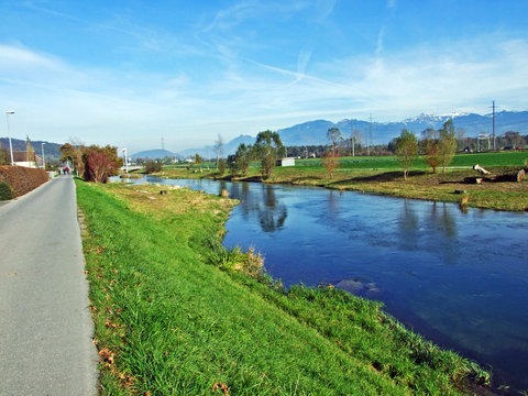 The river Rheintaler Binnenkanal in a village of R&uuml;thi SG (Ruthi SG or Ruethi SG) and in the Rhine river valley (Rheintal) - Canton of St. Gallen (SG), Switzerland