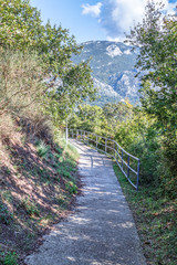 Fototapeta na wymiar Ecological path in the mountains for walking, trekking. Healthy lifestyle concept. Vertical landscape.