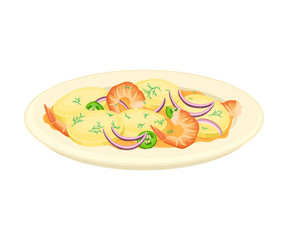 Sliced Vegetables with Shrimps Served on Plate Vector Illustration