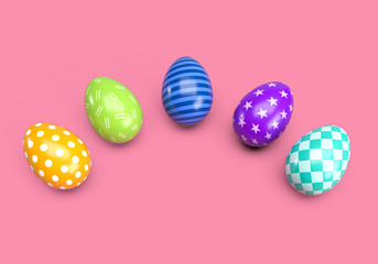 3d rendering of colourful decorated chocolate cartoon Easter Eggs for use in Easter designs, on pink background