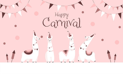 Happy Carnival - Süße abstrakte Lamas feiern Karneval, rosa Hintergrund, Banner  © frittipix
