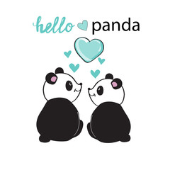 Two cute pandas with blue hearts and the inscription hello panda