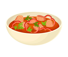 Tomato Thick Soup with Meat and Parsley Served in Deep Bowl Vector Illustration