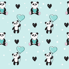 Schattige panda met een blauwe hartvormige ballon op een blauw naadloos patroon als achtergrond