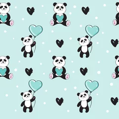 Wall murals Animals with balloon Cute panda with a blue heart-shaped balloon on a blue background seamless pattern