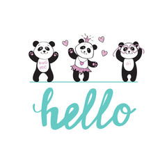 Obraz premium Cute pandas and inscription hello on a white background
