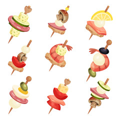 Canape with Different Ingredients Isolated on White Background Vector Set