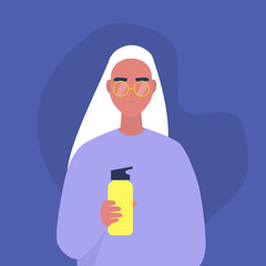 A portrait of a young female character drinking water from a metal reusable flask, heathy eco habits