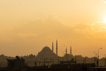 Silhouetted skyline of Istanbul at sunset