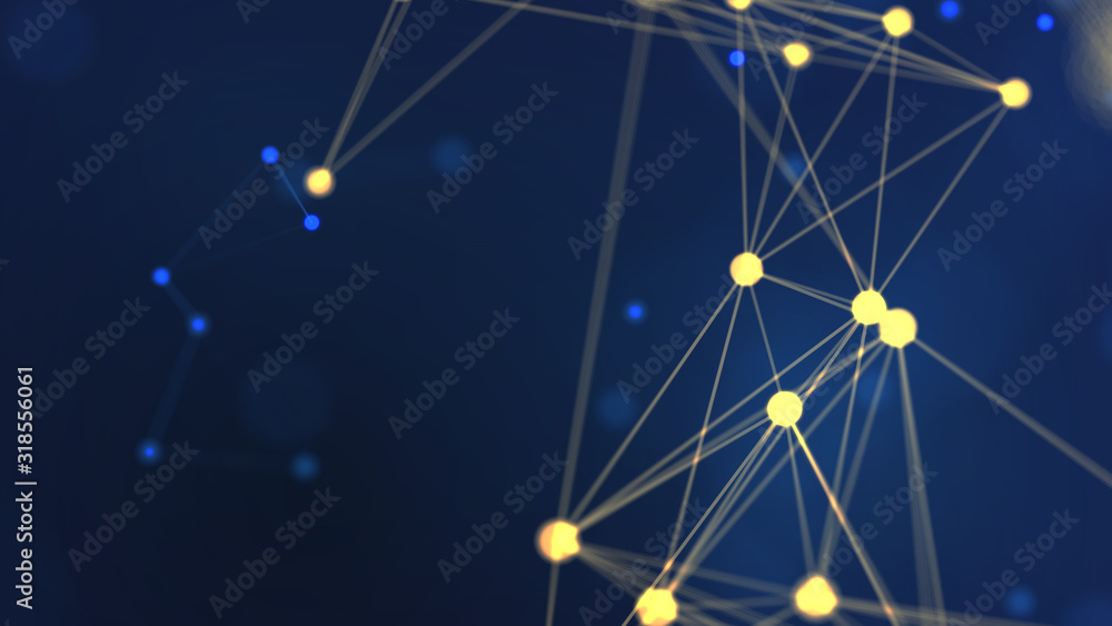 Aufkleber 3d rendering abstract yellow geometry flying wireframe network and connecting dot space on blue back