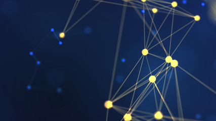 3D rendering abstract yellow geometry flying wireframe network and connecting dot space on blue background. Security futuristics computer and science concept. Abstract technology illustration graphic