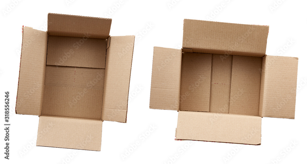Poster open empty brown rectangular cardboard box for transporting goods