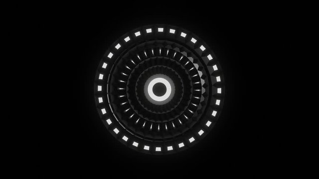 Scifi VJ loop animation wheel spinning 360 degrees with illuminated light panels which morph like space ship docking beam