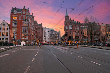 City scenic from Amsterdam in the Netherlands at sunset