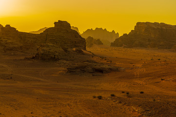 Vintage photos from archive. Jordan. Sunset in Wadi Rum desert. Martian landscapes in lifeless desert. Red rocks and red sand.