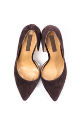 Stylish classic suede women's leather shoes with medium high heels on an isolated white background. Shoe sale / clearance concept announcement.