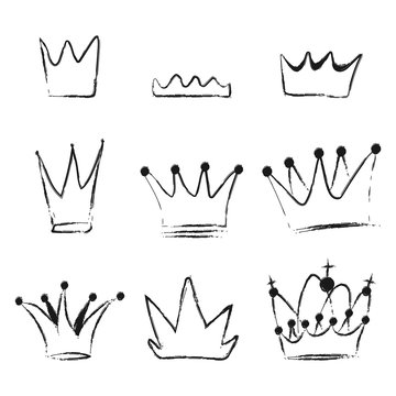Crown doodle vector black silhouette set isolated on a white background.