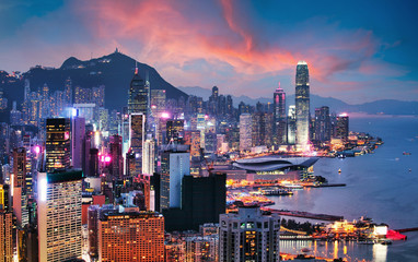 Hong Kong - Victoria harbour at sunset - obrazy, fototapety, plakaty