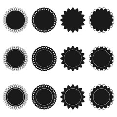 Circle badges and frame with scalloped edge black silhouette vector set isolated on a white background.