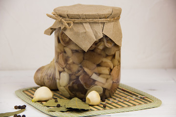 canned fermented mushrooms in a jar garlic bay leaf black pepper on a light wooden background