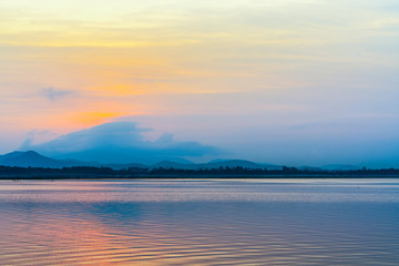 lake view and mountain with fog