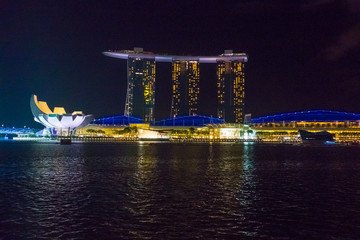 Singapore City, Singapore - 07 19 2015: Beautiful Famous Singapore Skyline Cityscape Around Marina Bay At Night.