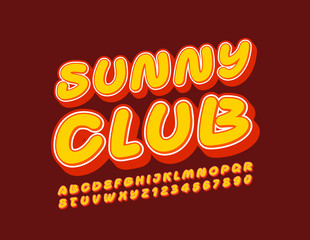 Vector bright logo Sunny Club. colorful 3D Font. Artistic Alphabet Letters and Numbers.