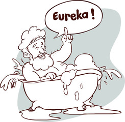 Vector illustration of a Archimedes in bath. Thumbs up eureka. ancient greek mathematician, physicist. - obrazy, fototapety, plakaty