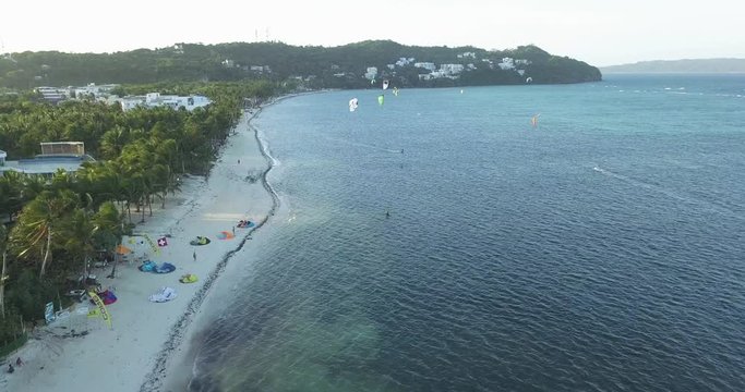 Aerial View of Bulabog beach and kiters on Boracay island, Philippines