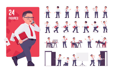 Fat male clerk in formal wear character set. Heavy middle aged business guy, office manager or civil service worker, typical employee, plus size. Full length, different view, gestures, emotions, poses