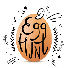 Easter Greeting Card with lettering on white background with spring decorative elements. Egg Hunt Lettering inside egg. Vector illustration. 