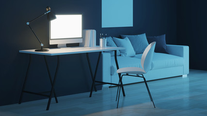 Workplace. Office furniture. Night. Evening lighting. 3D rendering.