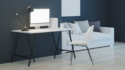 Fototapeta premium Workplace. Office furniture. Night. Evening lighting. 3D rendering.