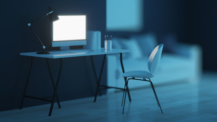 Workplace. Office furniture. Night. Evening lighting. 3D rendering.