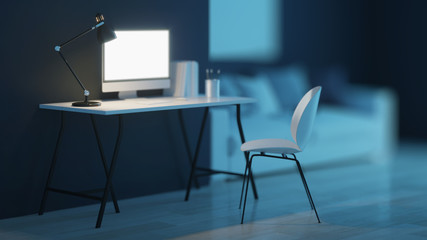 Workplace. Office furniture. Night. Evening lighting. 3D rendering.