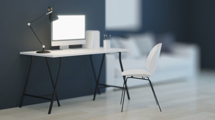 Workplace. Office furniture. Night. Evening lighting. 3D rendering.