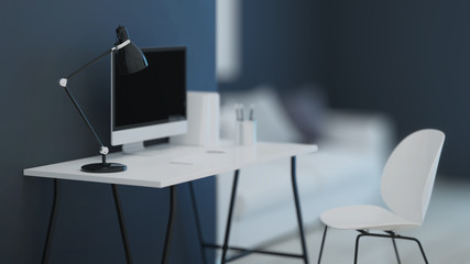 Workplace. Office furniture. Night. Evening lighting. 3D rendering.