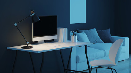 Workplace. Office furniture. Night. Evening lighting. 3D rendering.