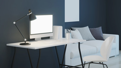 Workplace. Office furniture. Night. Evening lighting. 3D rendering.