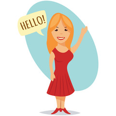 Cute blonde girl in a red dress is waving her hand and a speech bubble with the word 