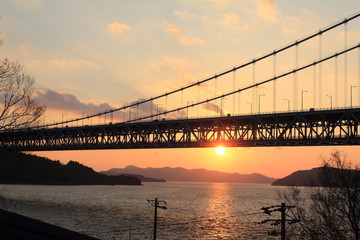 Beautiful sunset with a bridge at Shikoku in Japan