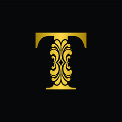Gold letter T. Vintage golden flower ornament initial letters.  Alphabet. Logo vector 