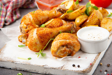 Fried chicken legs with baked potatoes, crispy skin, golden crust. Tomato and white sauces, spices. Delicious homemade food